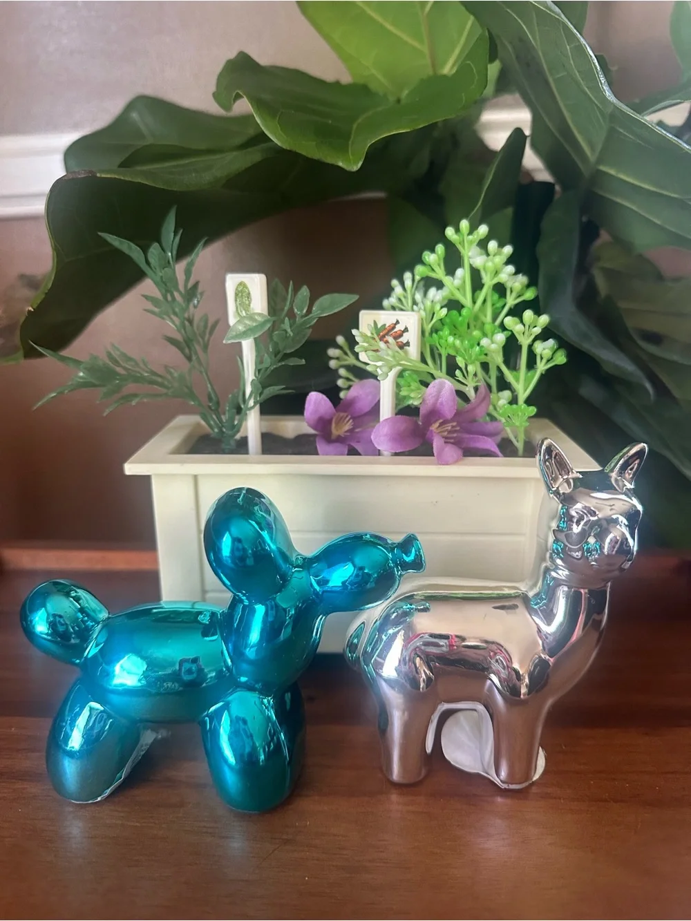 Decorative Metallic Balloon Dog and Llama Figurine Set - Blue & Silver